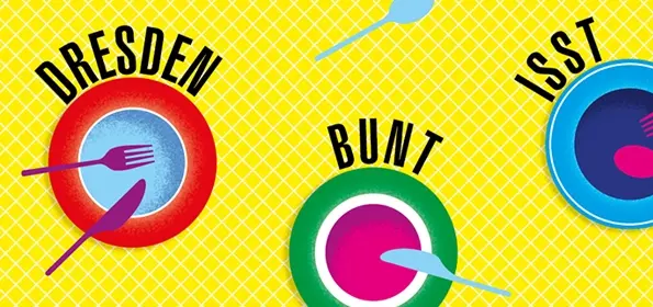 Grafik von drei bunten Tellern mit Besteck auf gelben Untergrund