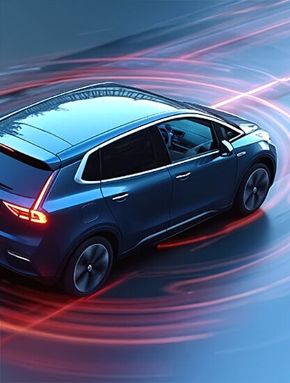 A modern car drives along a road. Lights surround the car and indicate the invisible signals for autonomous driving.