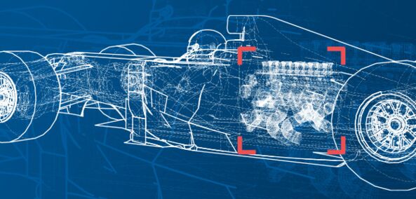 CAD drawing of a Formula 1 racing car with a red marking around the engine.