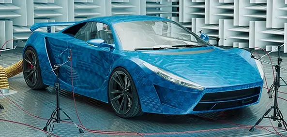 Blue vehicle in a low-noise room during a noise identification test.