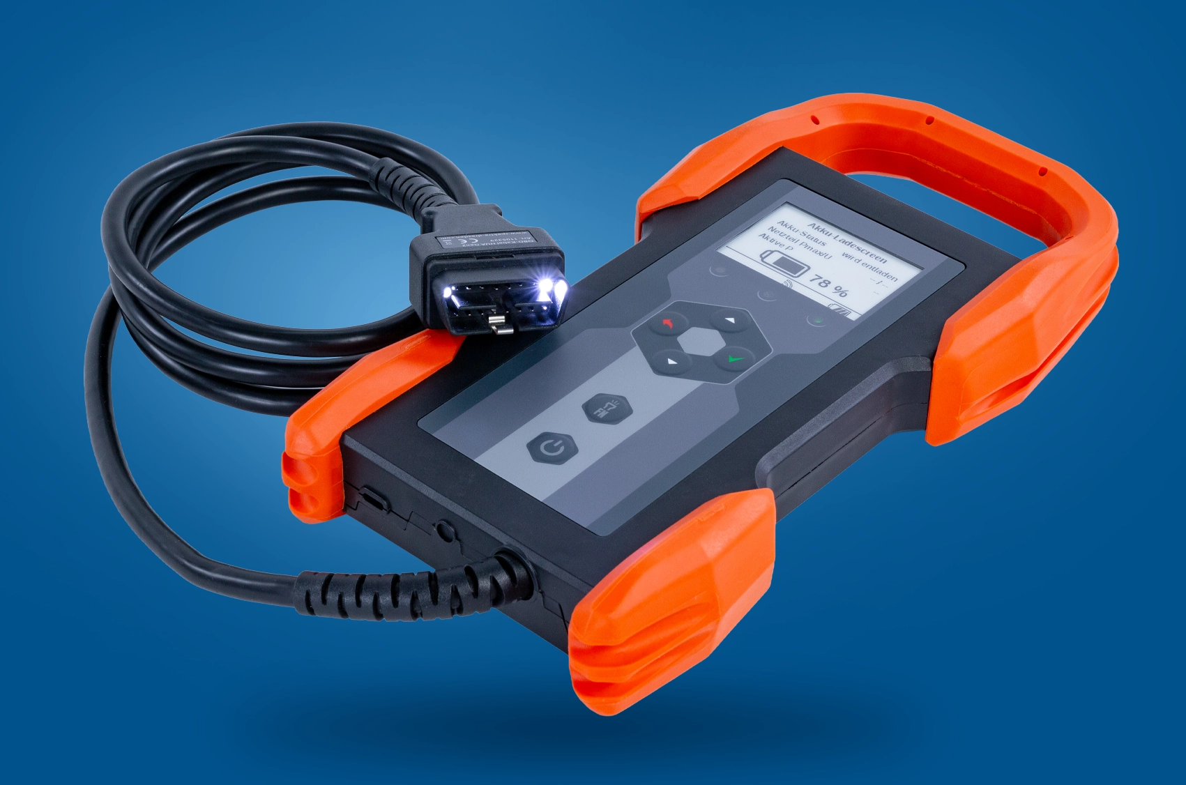 Ansicht des HU-Adapters Gen II mit eingerolltem und beleuchtetem OBD-Kabel