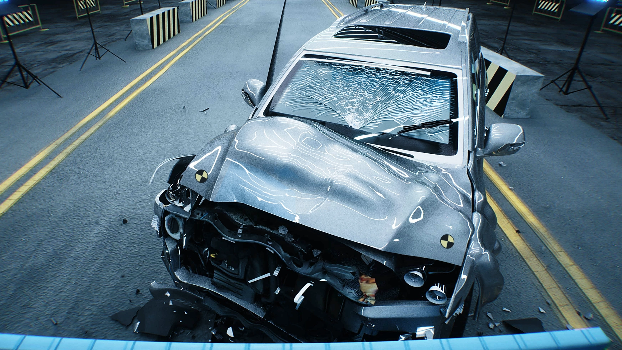 Front view of a wrecked car after a crash test.