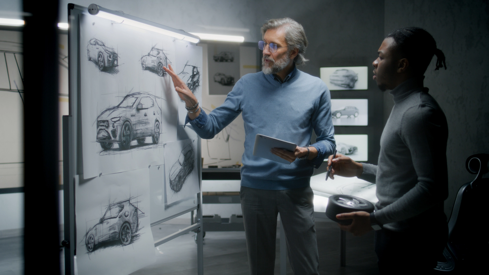 Two engineers discuss details of a vehicle design on a whiteboard.